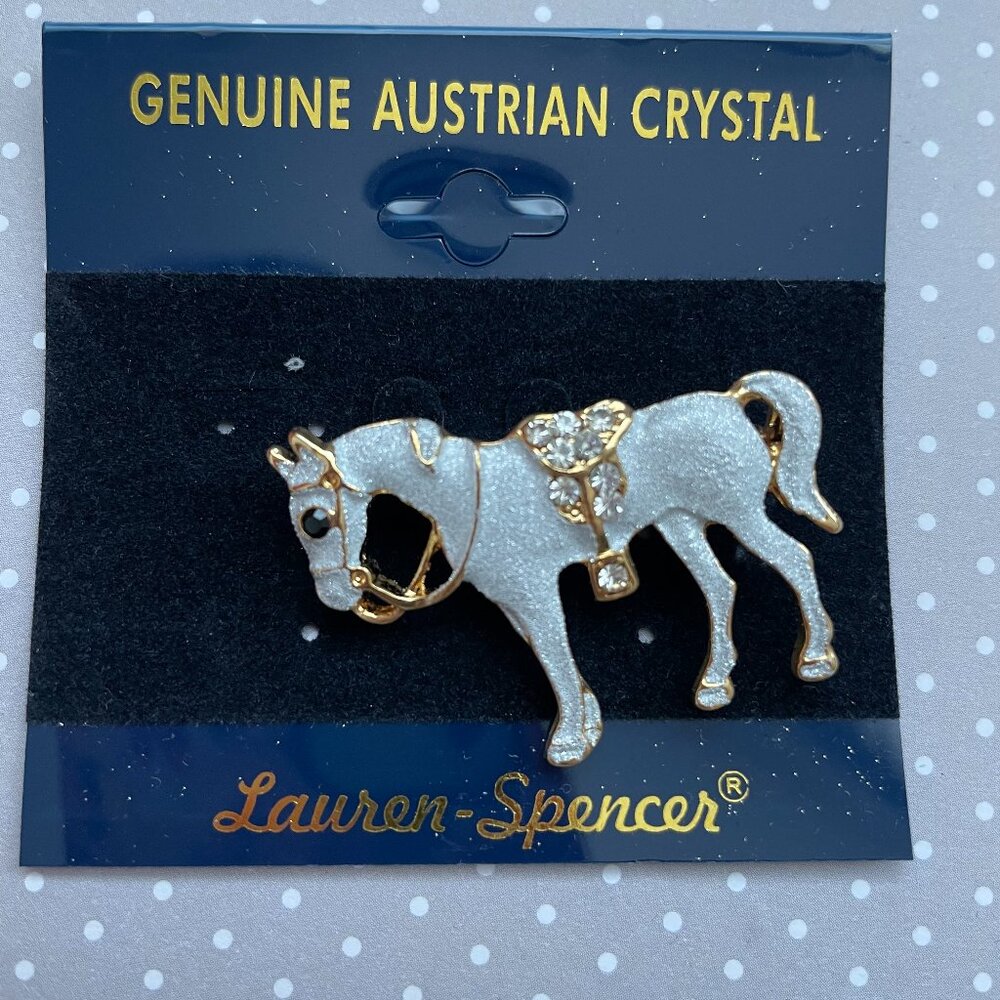 Vintage Lauren Spencer Enamel Silver Gold Tone Crystal Horse Brooch NWT
